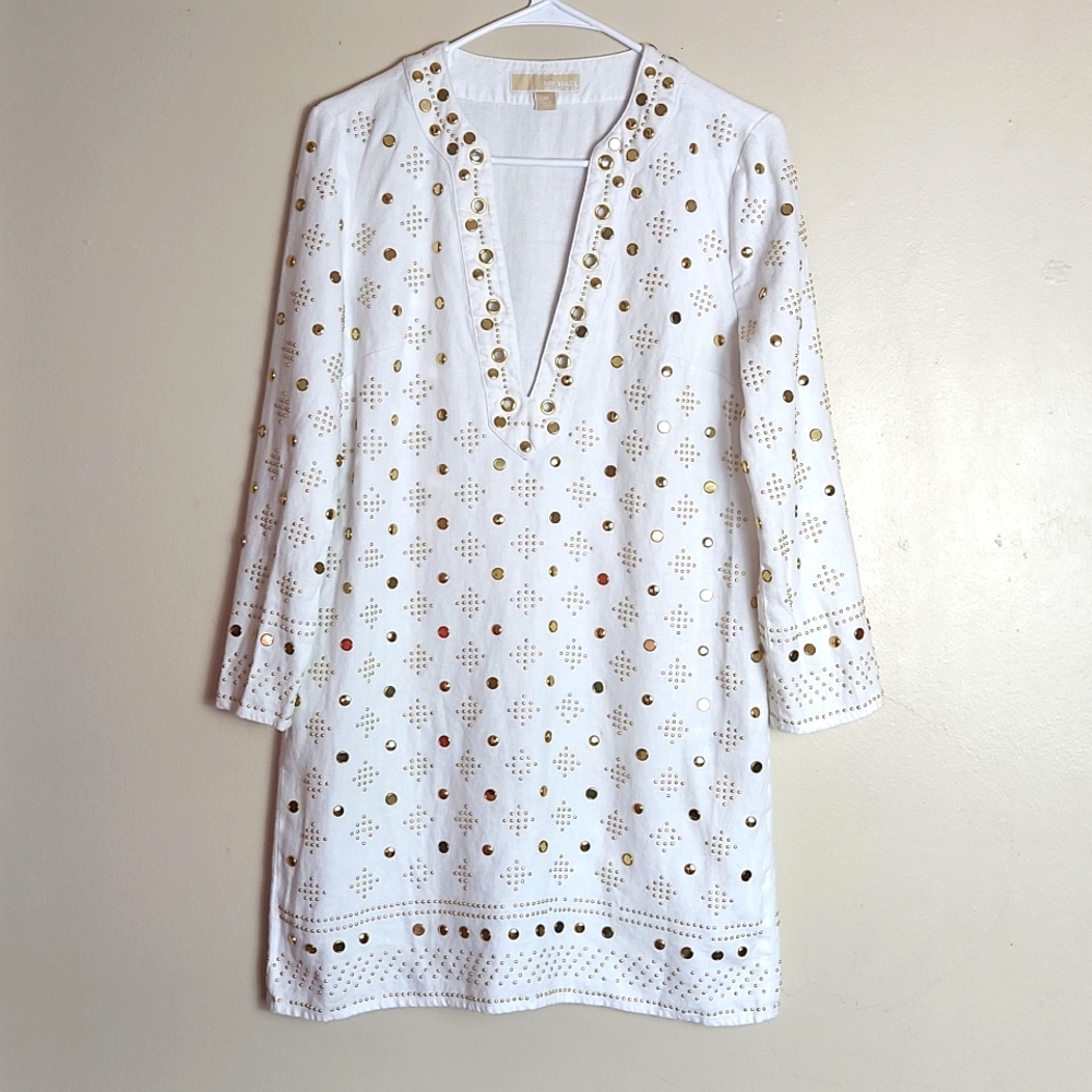 MICHAEL Michael Kors 100% Linen Tunic Dress W/ Gold + Shiny Embellishments
